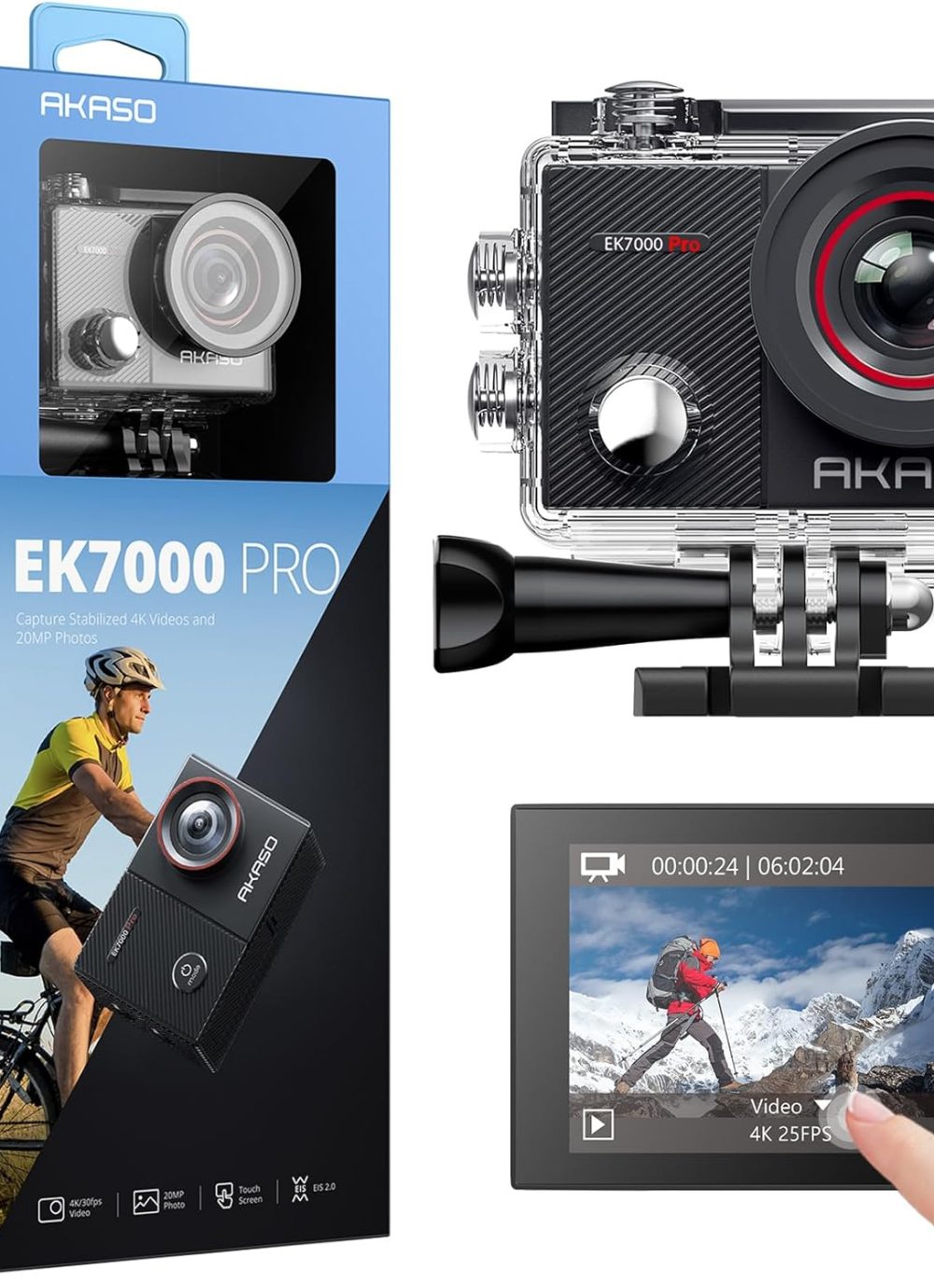 AKASO EK7000 Pro 4K30fps Action Camera with Touch Screen EIS 131ft Waterproof Underwater Camera Remote Control 5X Zoom with Helmet Accessories Kit (Standalone)